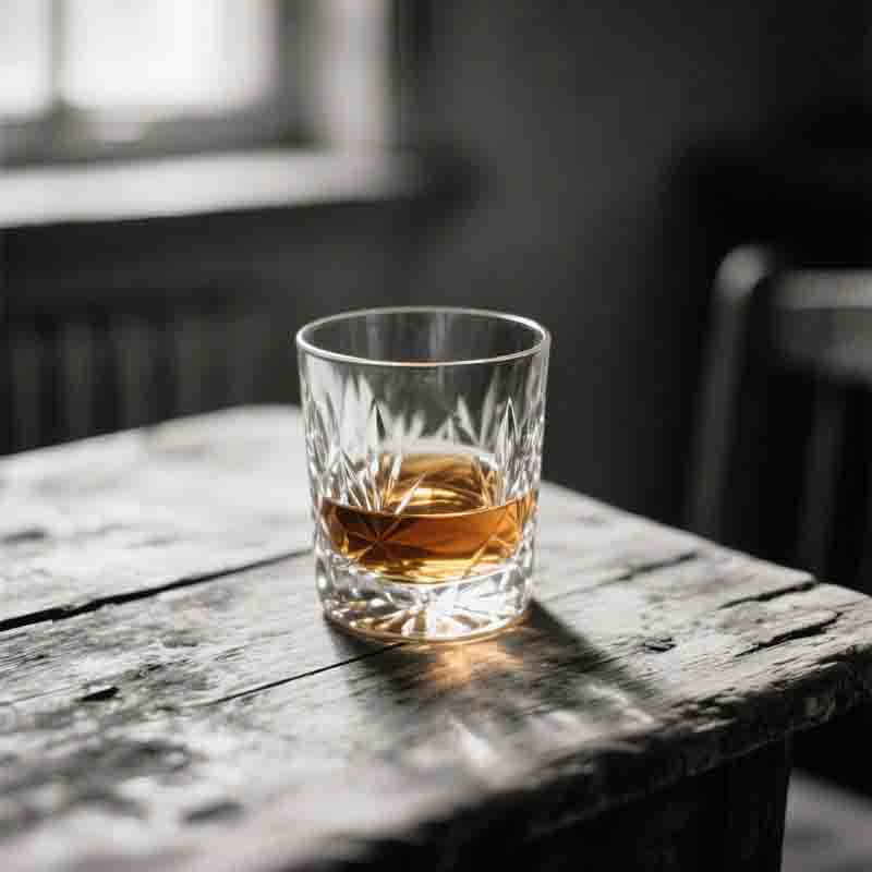 Ein Kristallglas mit blended Scotch Whisky, steht auf einem rustikalen, abgenutzten Holztisch. Der Hintergrund ist in Schwarz-Weiß gehalten und zeigt ein unscharfes Fenster sowie einen Heizkörper, was die goldene Farbe des Getränks im Vordergrund besonders hervorhebt.