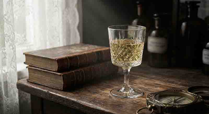 Ein elegantes Whiskyglas mit Single Grain Whisky auf einem rustikalen Holztisch, warmes goldenes Licht betont die helle, strohgelbe Farbe des Getränks. Im Hintergrund verschwommene Umrisse von Apothekerflaschen.