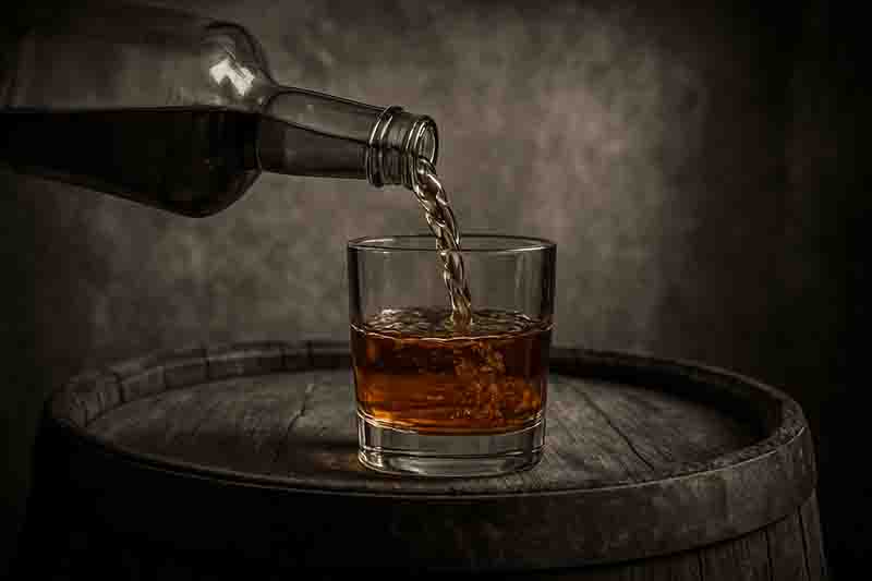 Eine minimalistische Studioaufnahme eines bauchigen Whisky-Nosing-Glases, das zur Hälfte mit bernsteinfarbener Flüssigkeit gefüllt ist.